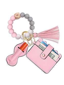 Cealxheny Wristlet Bracelet Keychain Wallet, Silicone Bead House Car Key Ring Pocket Credit Card Holder