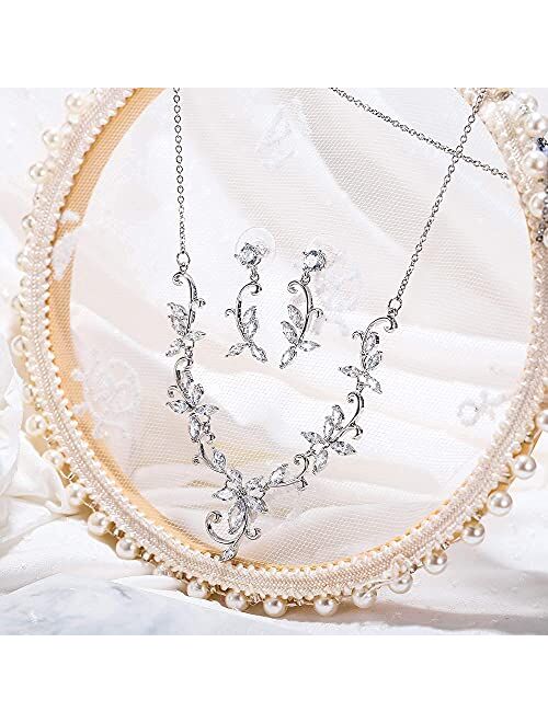 Crysdue Flower Leaf Wedding Jewelry Set for Bridal Bridemaid, Cubic Zirconia Teardrop Elegant Vine Necklace Dangle Earrings for Wedding Prom Party
