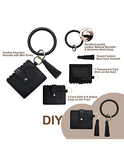 FindFun Key Women Ring Chain with Card Holder Wristlet Keychain Bracelet Leather Tassel Bangle Key Ring