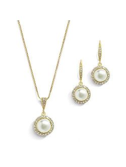 Mariell Freshwater Pearl Wedding Necklace & Earrings 14K Gold Halo Jewelry Set for Bridesmaids & Brides