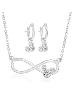 Mickey Mouse Jewelry for Women, Infinity Necklace and Hoop Dangle Earrings Set, Crystal Accents, Silver Plated, 18"