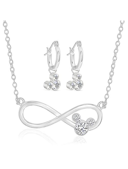 Disney Mickey Mouse Jewelry for Women, Infinity Necklace and Hoop Dangle Earrings Set, Crystal Accents, Silver Plated, 18"