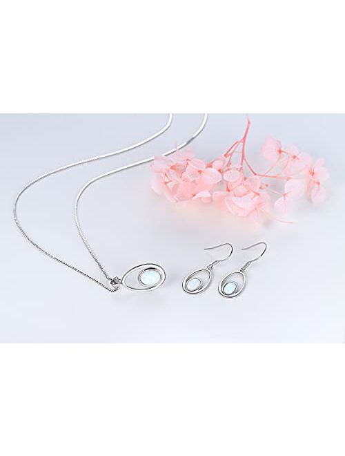Lynwei Opal 925 Sterling Silver Double Oval Teardrop Earrings and Pendant Necklace Set for Womens Girls