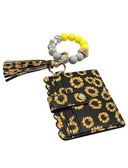 Alibbon Wristlet Bracelet Keychain Wallet, Card Holder Purse Tassel Keychain for Car House, Yellow Silicone Beaded Wrislet Keychain with Sunflower Lether Pocket, Key Ring