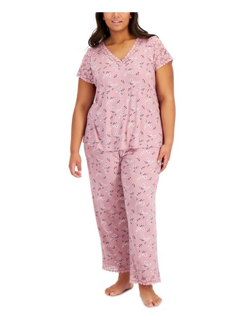 Charter Club Plus Size Lace-Trimmed Floral V-Neck & Pajama Pants Set, Created for Macy's
