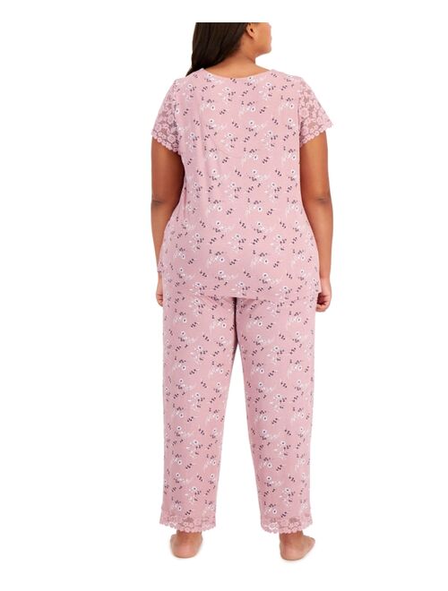Charter Club Plus Size Lace-Trimmed Floral V-Neck & Pajama Pants Set, Created for Macy's
