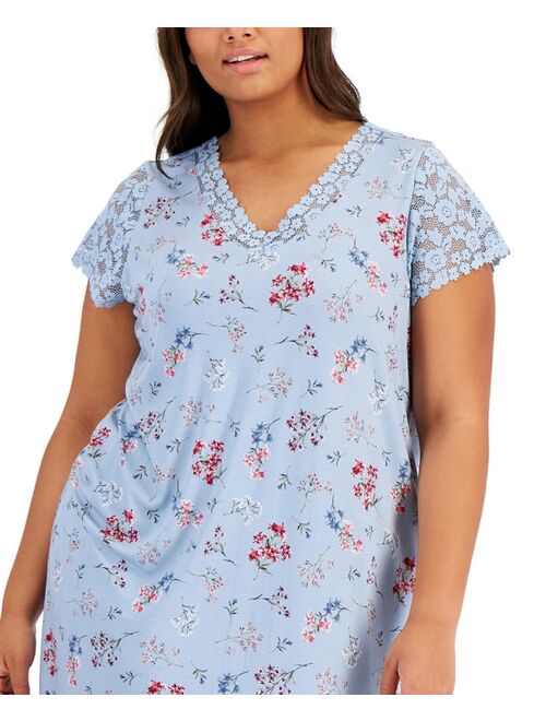 Charter Club Plus Size Lace-Trim Floral Chemise, Created for Macy's