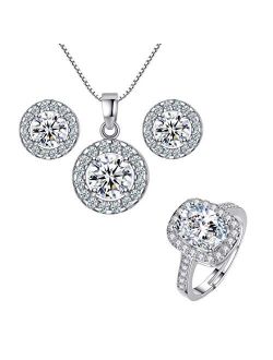 Harlorki Women's Silver Alloy Metal Rhinestone Crystal Wedding Necklace Earring Finger Ring Pendent Charm Jewelry Set