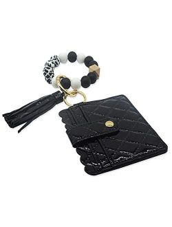 Alibbon Wristlet Bracelet Keychain Wallet, Card Holder Purse Tassel Keychain for Car House, Silicone Beaded Wrislet Keychain with Black Lether Pocket, Key Ring Bangle Cha
