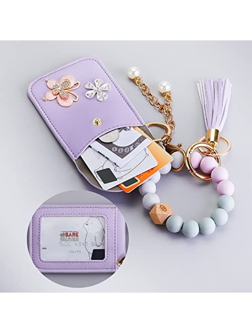 Xiaochuang Wristlet Keychain Key Ring Bracelet Silicone Beaded Bangle with Leather Wallet & Tassel,Elastic Keyring for Women (Purple)