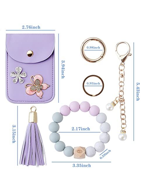 Xiaochuang Wristlet Keychain Key Ring Bracelet Silicone Beaded Bangle with Leather Wallet & Tassel,Elastic Keyring for Women (Purple)