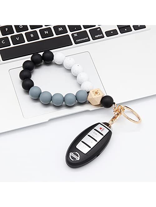 Manlosen Bracelet Wristlet Keychain for Women, Silicone Bead Bangle Key Ring Leather Tassel Keychains for car keys