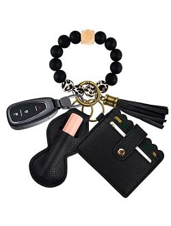 Ayieyill Wristlet Keychain Bracelet Wallet, Silicone Beads Wristlet Keys Ring with Cards Holder & Tassel for Cars Key Keychains