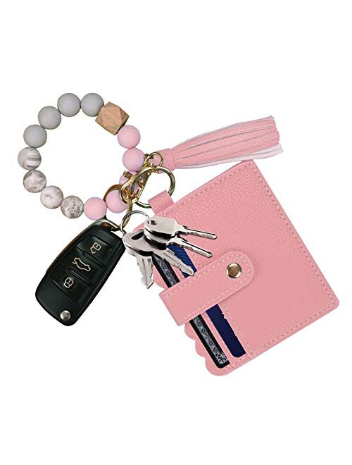 Ting-Chun Wristlet Keychain Silicone Beaded Bracelet Leather Tassel Wallet Bangle Car Key Ring Card Holder for Women Girls