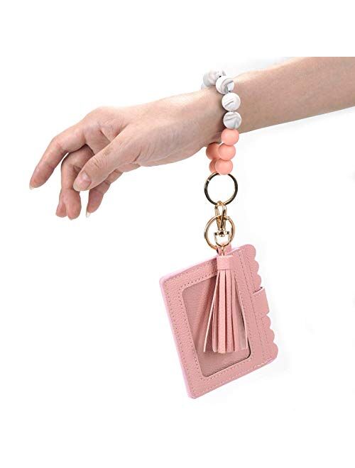 Ting-Chun Wristlet Keychain Silicone Beaded Bracelet Leather Tassel Wallet Bangle Car Key Ring Card Holder for Women Girls