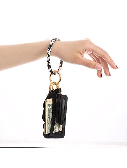 BSJELL Wristlet Keychain Wallet-Acetate Bangle Key Ring Bracelet Tassel Keyring ID Crad Charpstick Holder for Women