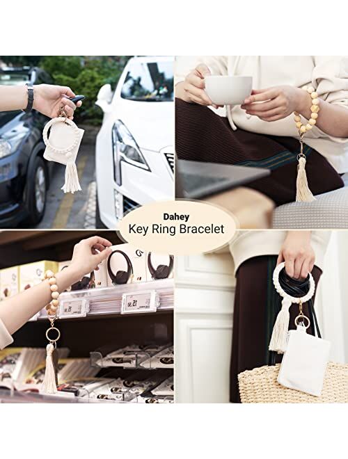 Dahey Macrame Keychain Wristlet with Wallet Boho Key Ring Bracelet Tassels Decor Beaded Bangle House Car Key Chain Circle Keyring Pocket Card Holder Coin Purse for Women 