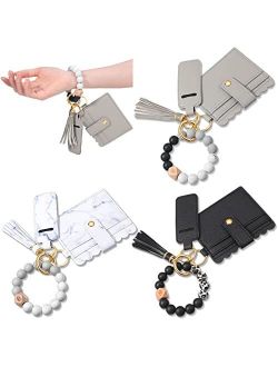 Junkin 3 Pieces Wristlet Keychains Bracelet Wallets for Women, Silicone Bead Keyring Bangle Wrist Car Key Rings with Tassel Bangle Card Holder (Black, Grey, Marble White)