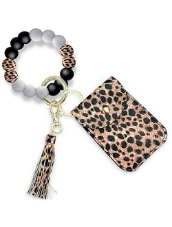 DegGod Keychain Bracelet Wristlet with Card Wallet, Portable Silicone Elastic Beaded Bangle Chains Car Key Ring