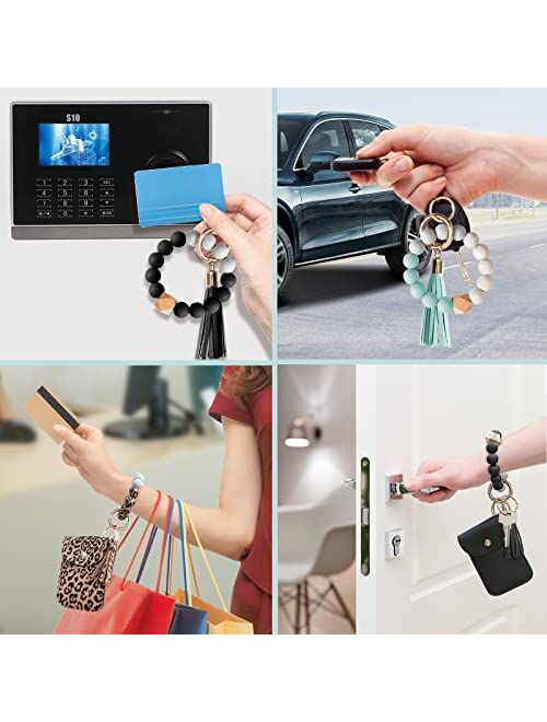 DegGod Keychain Bracelet Wristlet with Card Wallet, Portable Silicone Elastic Beaded Bangle Chains Car Key Ring