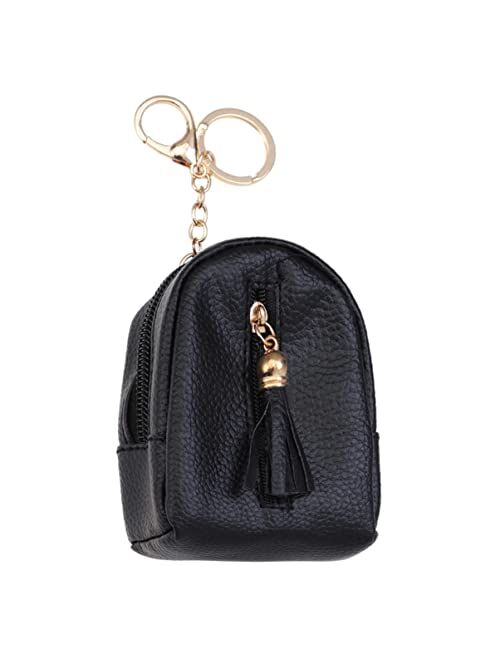 Generic Leather Coin Purse Zip Coin Pouch Small Change Pouch Wallet with Key Chain Tassel Zip Tassel Coin Purse Portable Storage Bag for Key USB Cable Coin, Black