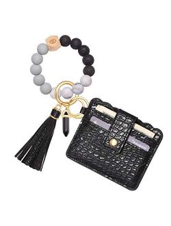 HEIDKRUEGER Wristlet Keychain Wallet Nature Stone Silicone Bead Key Ring Bracelet Bangle Purse Card Key Holder for Women