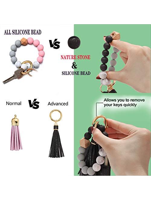 HEIDKRUEGER Wristlet Keychain Wallet Nature Stone Silicone Bead Key Ring Bracelet Bangle Purse Card Key Holder for Women