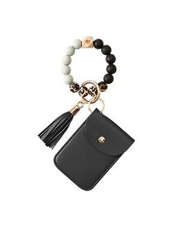 Generic Silicone Beaded Key Ring Bracelet Keychain with Leather Tassel House Car Keychain Holder Wristlet Keychain Wallet for Women