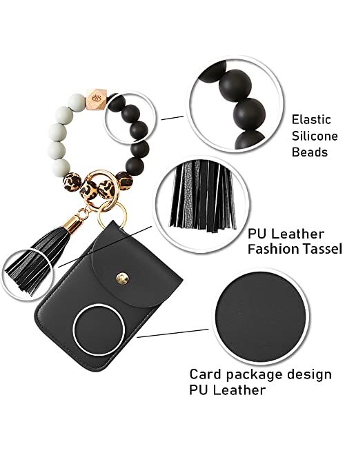 Generic Silicone Beaded Key Ring Bracelet Keychain with Leather Tassel House Car Keychain Holder Wristlet Keychain Wallet for Women