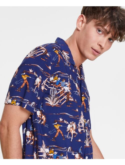SUN + STONE Men's Billy Regular-Fit Cowboy-Print Camp Shirt, Created for Macy's