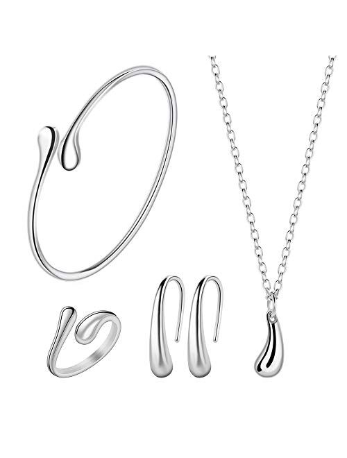BCCloud 4PCS 925 Sterling Silver Jewelry Set for Women Teardrop Pendant Necklace Earrings Bracelet Ring Fit with Party Meeting Dating Wedding Daily Birthday Gift