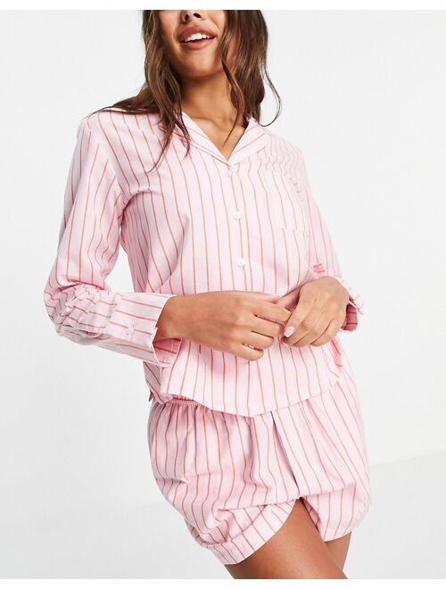 ASOS DESIGN cotton stripe long sleeve shirt & shorts pajama set in pink & red