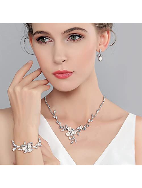 EVER FAITH Marquise CZ Simulated Pearl Bridal Flower Leaf Filigree Necklace Earrings Bracelet Set