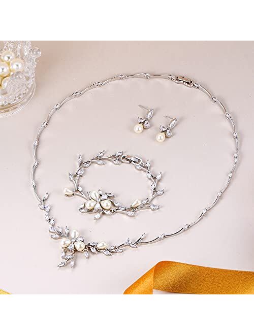 EVER FAITH Marquise CZ Simulated Pearl Bridal Flower Leaf Filigree Necklace Earrings Bracelet Set