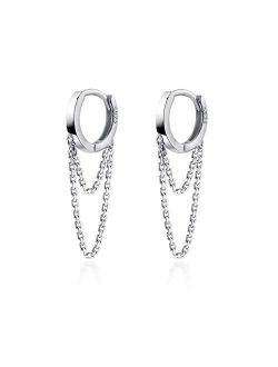 Reffeer 925 Sterling Silver Tassel Chain Drop Dangle Small Hoop Earrings Huggie for Women Teen