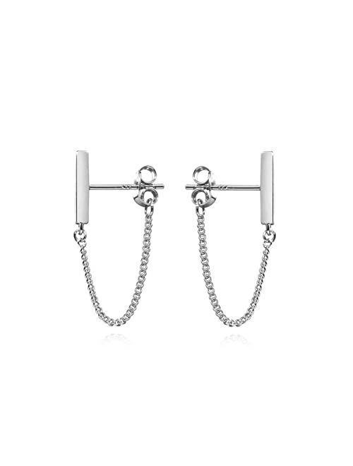 Reffeer 925 Sterling Silver Bar Chain Earrings Studs for Women Girls Bar Dangle Earring Minimalist