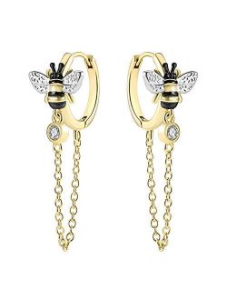 JIANGYUE Dainty Fashion Tassel Chain Drop Dangle Small Hoop Earrings for Women Girls with Cubic Zirconia 18K Gold Plated Simple Huggie Earrings