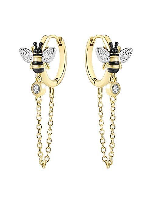JIANGYUE Dainty Fashion Tassel Chain Drop Dangle Small Hoop Earrings for Women Girls with Cubic Zirconia 18K Gold Plated Simple Huggie Earrings