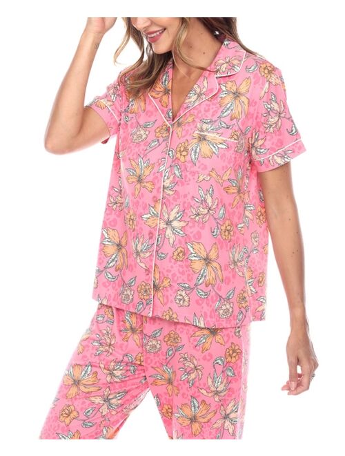 White Mark Women's Short Sleeve Pants Tropical Pajama Set, 2-Piece