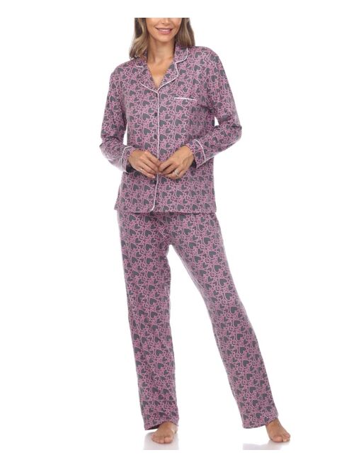 White Mark Women's 2 Piece Long Sleeve Heart Print Pajama Set