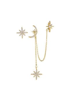 Newzenro Asymmetric Moon Star CZ Ear Cuff Wrap Clip On 925 Sterling Silver Stud Long Chain Climbers Crawler Tassel Dangle Drop Threader Cartilage Hoop Earrings for Women 