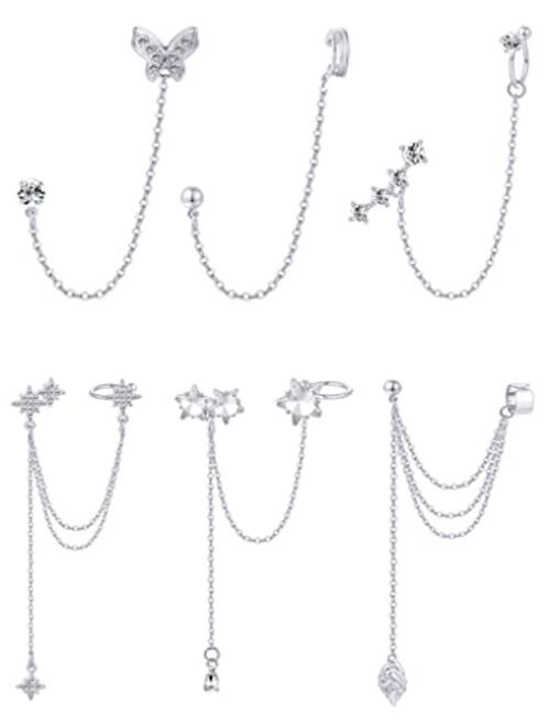 Tornito 6Pcs Cuff Earring Chain Leaf Snowflake Star Butterfly with CZ Crawler Climber Earring Studs Drop Dangling Chain Wrap Tassel Earring for Women Men 20G Silver Gold 