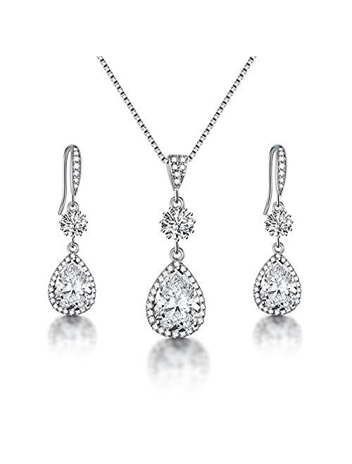 AMYJANE Elegant Jewelry Set for Women - Silver Teardrop Clear Cubic Zirconia Crystal Rhinestone Drop Earrings and Necklace Bridal Jewelry Sets Best Gift for Bridesmaids
