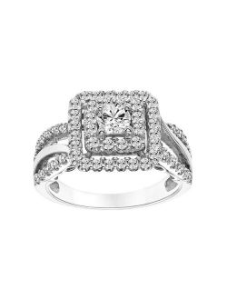 14k White Gold 1 Carat T.W. Certified Diamond Square Halo Engagement Ring