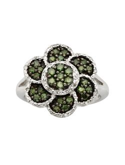 Sterling Silver 1-ct. T.W. Green and White Diamond Flower Ring