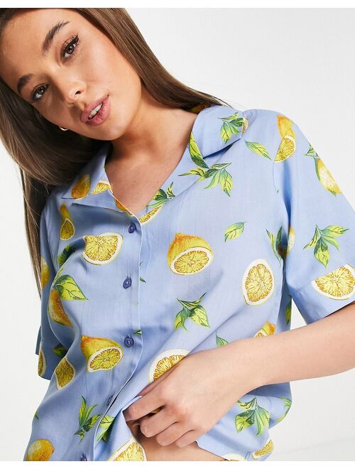 ASOS DESIGN mix & match modal fruit pajama shirt in blue