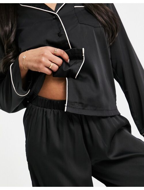 ASOS DESIGN Petite satin long sleeve shirt & pant pajama set in black