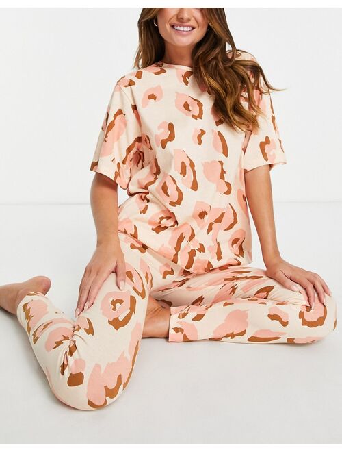 ASOS DESIGN abstract animal oversized tee & legging pajama set in rust & pink