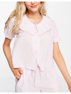 mix & match gingham seersucker pajama shirt with oversized collar in pink