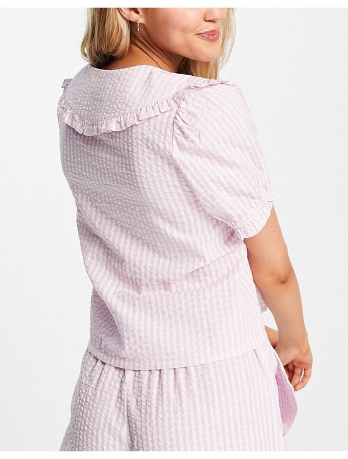 ASOS DESIGN mix & match gingham seersucker pajama shirt with oversized collar in pink